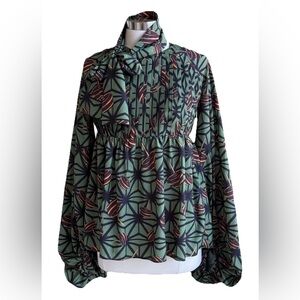 Stella Jean Ascot Tie Blouse US 2 / XS Green Novelty Print Top Bishop Sleeve